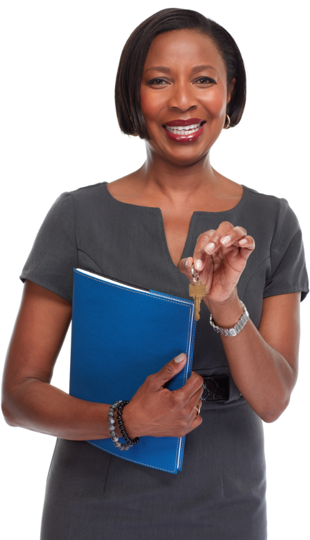 Female Real Estate Agent holding a set of keys and a blue folder