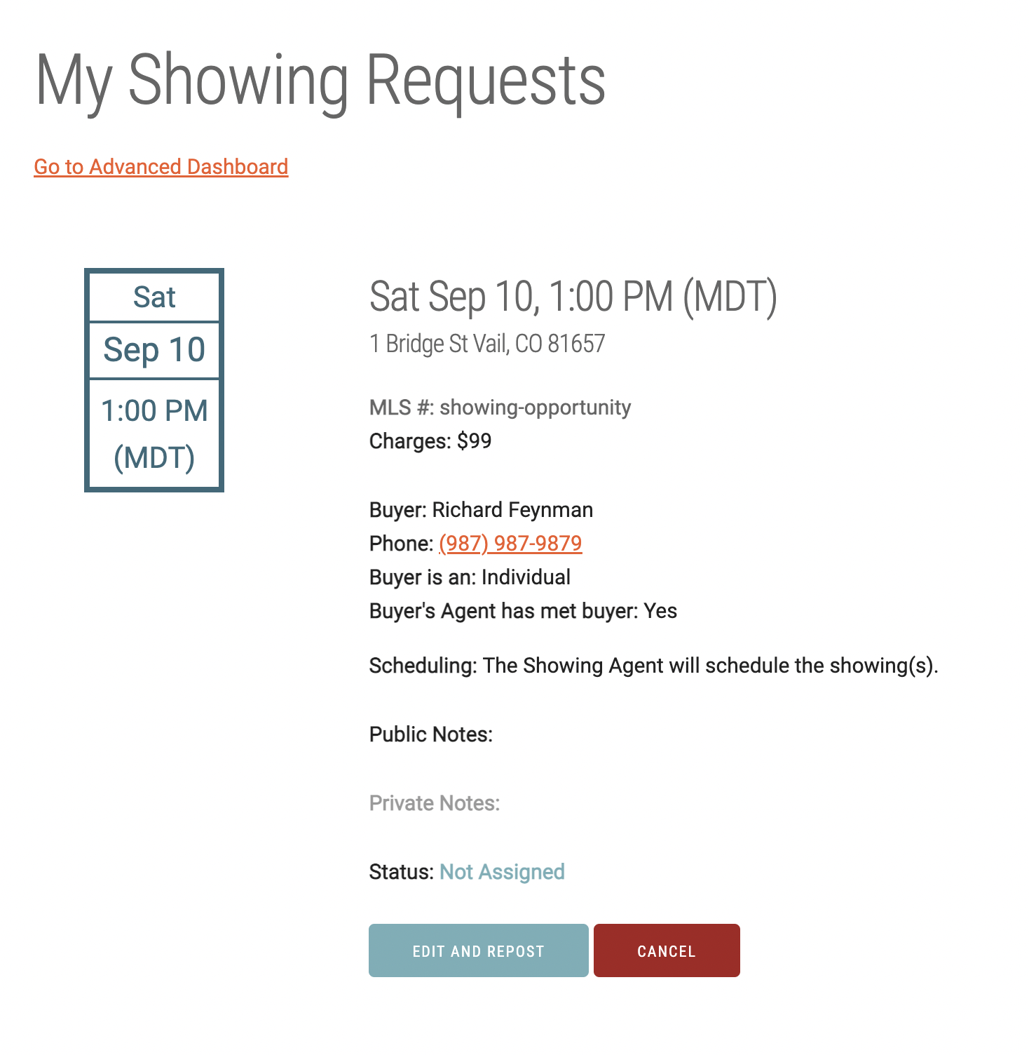 My Showing Requests page of a Showami account