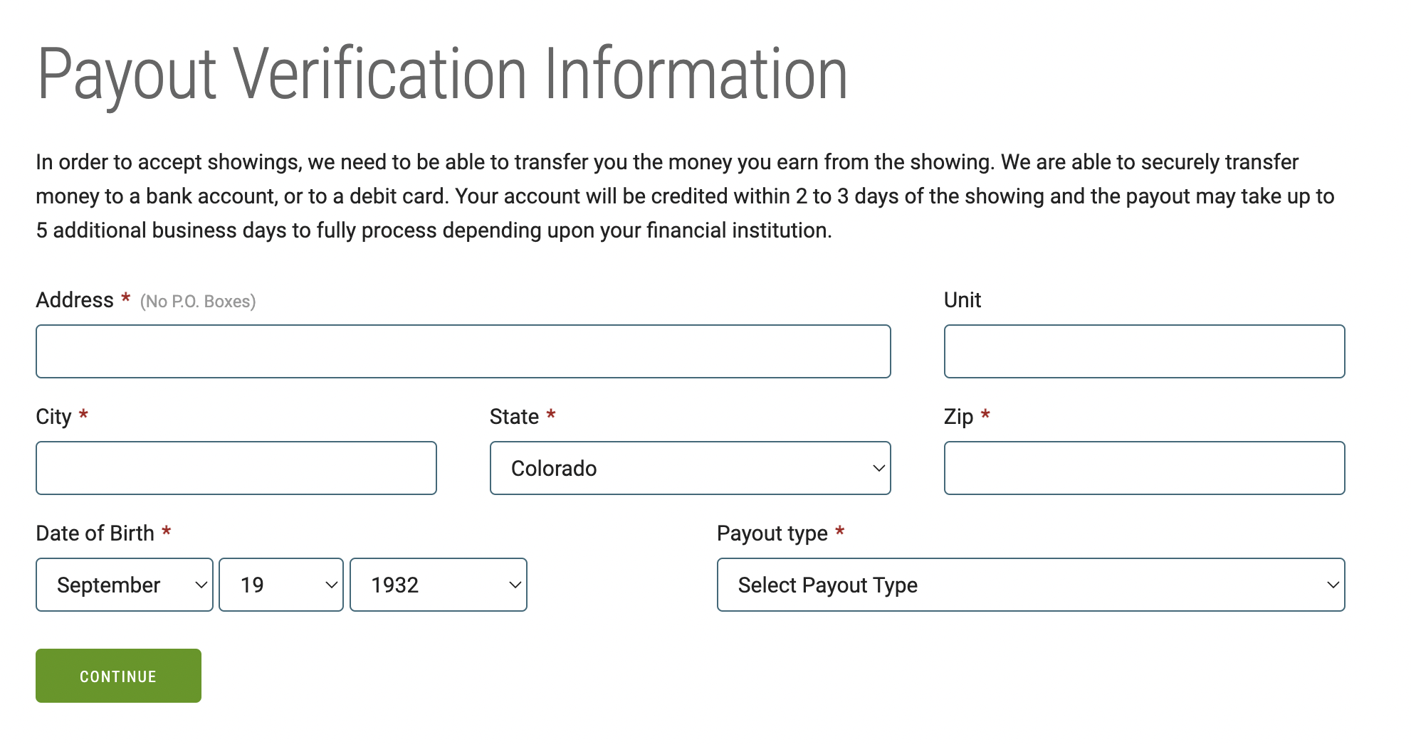 Showami's payment verification section of a profile