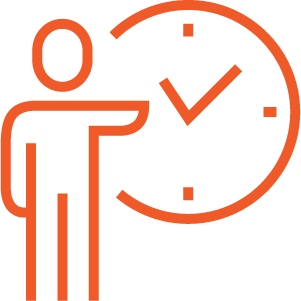 Orange person pointing at a clock