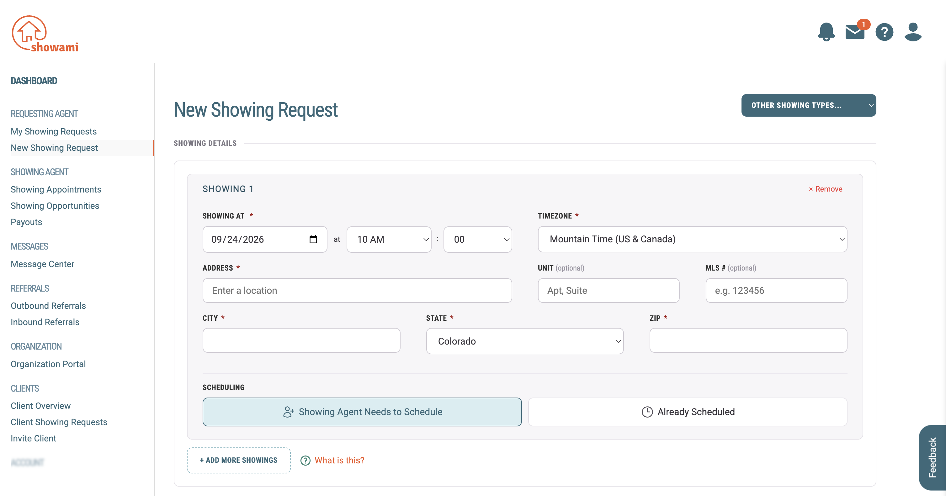 Showami real estate app, requesting a home showing page.