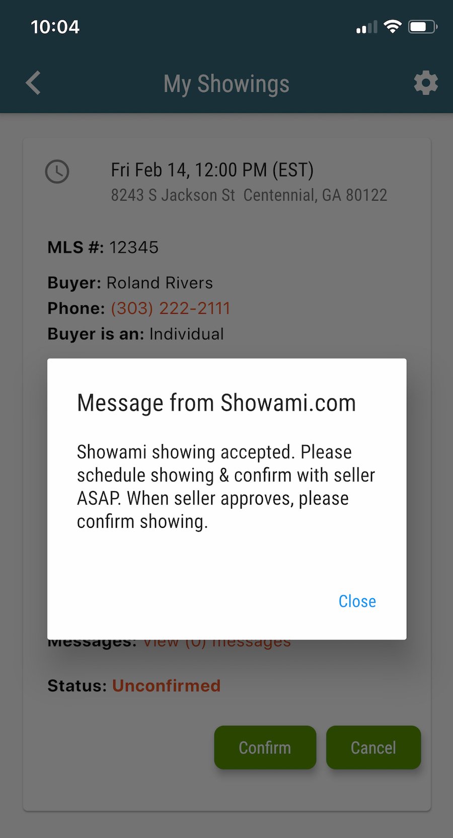 Showami showing accepted in app message