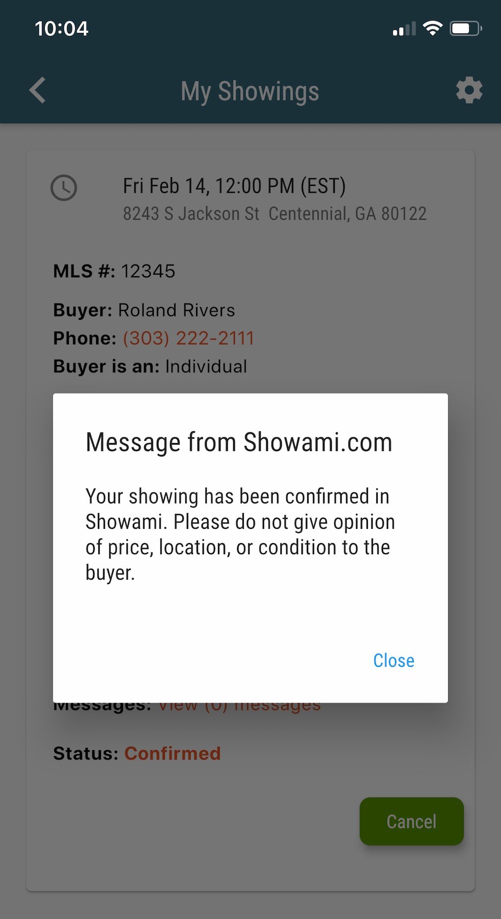 Showami showing confirmed in app message