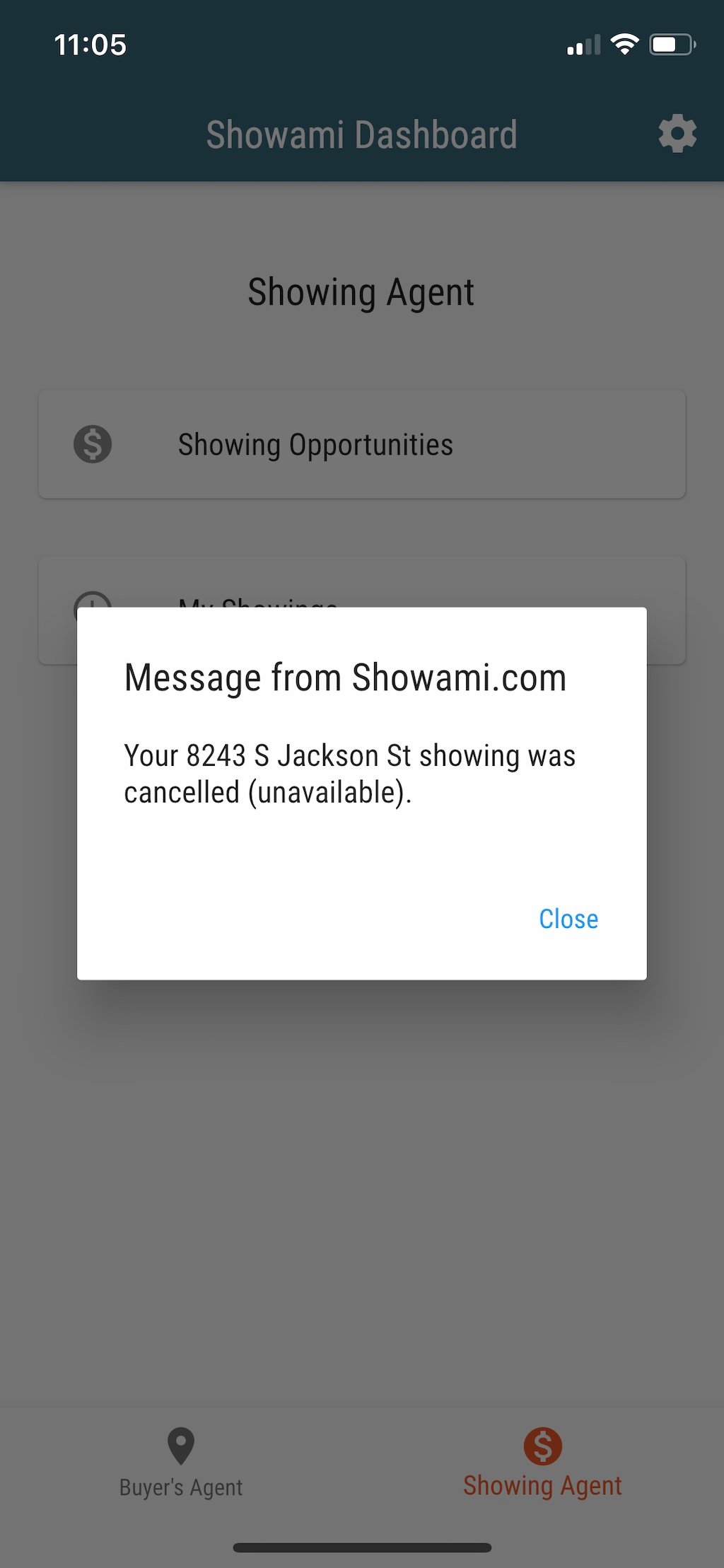 Cancelled showing message in Showami app
