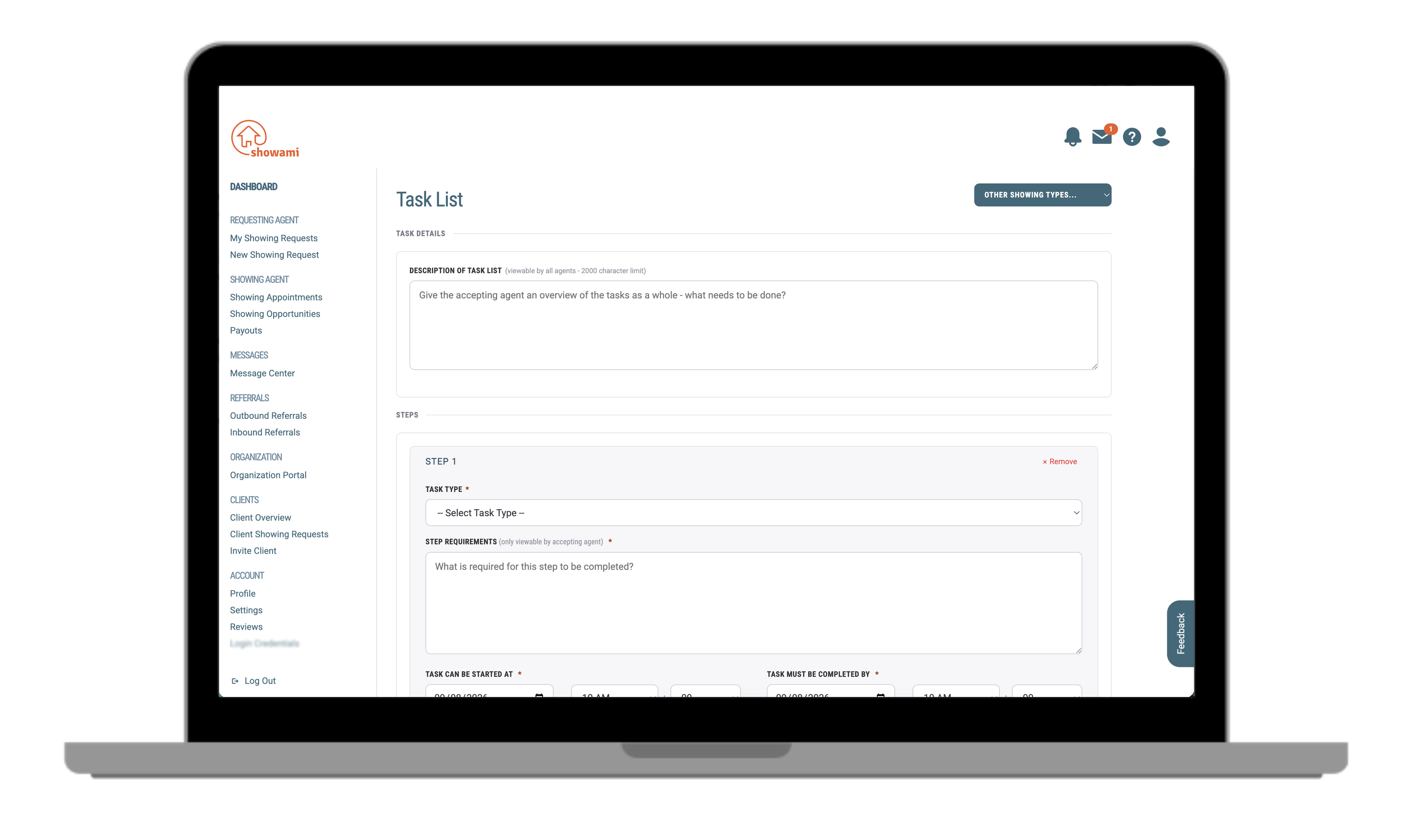 Creating a task list in the Showami app